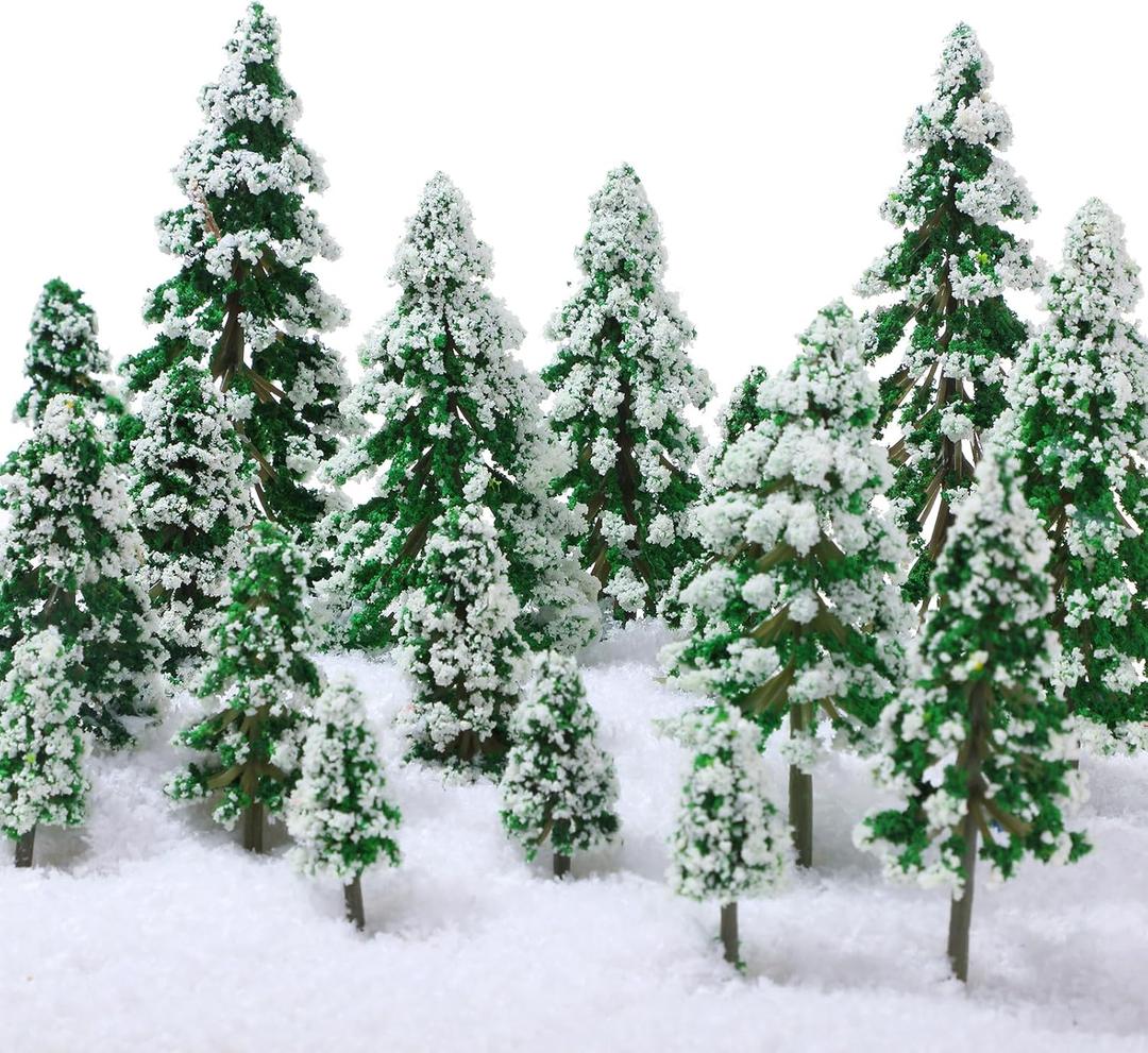 Skylety 35 Pieces Model Trees 6.3-1.2 Inch Mixed Miniature Trees Diorama Supplies Fake Plants Train Scenery Landscape Christmas Village Architecture DIY Crafts(Green,Snowy Cedar)