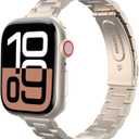 Astorgos Slim Metal Band Compatible with Apple Watch Series 10 42mm, 9/ 8/ 7 41mm, SE2/ SE/ 6/ 5/ 4 40mm, 3/ 2/ 1 38mm, Stainless Steel Thin Band Replacement Strap iWatch Wristband for Women, Starlight