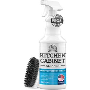 Kitchen Cabinet Cleaner Gentle, Residue-Free and Effective Everyday Degreaser & Grime Remover for Wood, Painted and Finished Furniture - Complete with Cleaning Brush & Cabinet Cleaner Spray 32oz