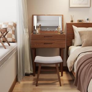 Muwuele Solid Wood Small Vanity Desk with Mirror and Lights, Narrow Makeup Vanity for Small Space, Flip Top Vanity Side Table, 3 Color Modes & Adjustable Brightness, 23.6" Slim Dressing Table, Walnut, 23.6" Wide
