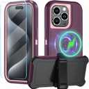 Magnetic for iPhone 15 Pro Case,with Belt Clip,[Compatible with Magsafe] W/Tempered Glass Screen Protector,Anti-Drop,Shockproof,Heavy Duty Protection (Wine red)