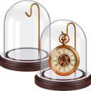 Beeveer 2 Pcs Pocket Watch Glass Display with Hooks Dome Cloche with Wood Base Christmas Decorative Showcase for Watch Plants Medals Photos Collectibles(Reddish Brown,3" X 4",Dome Style)