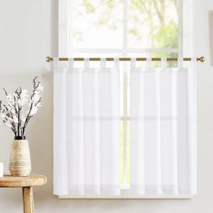 jinchan Linen Tier Curtains 24 Inch Farmhouse Tab Top Cafe Curtains Small Window Drapes Flax Country Rustic Light Filtering for Bathroom Laundry Room RV 2 Panels White