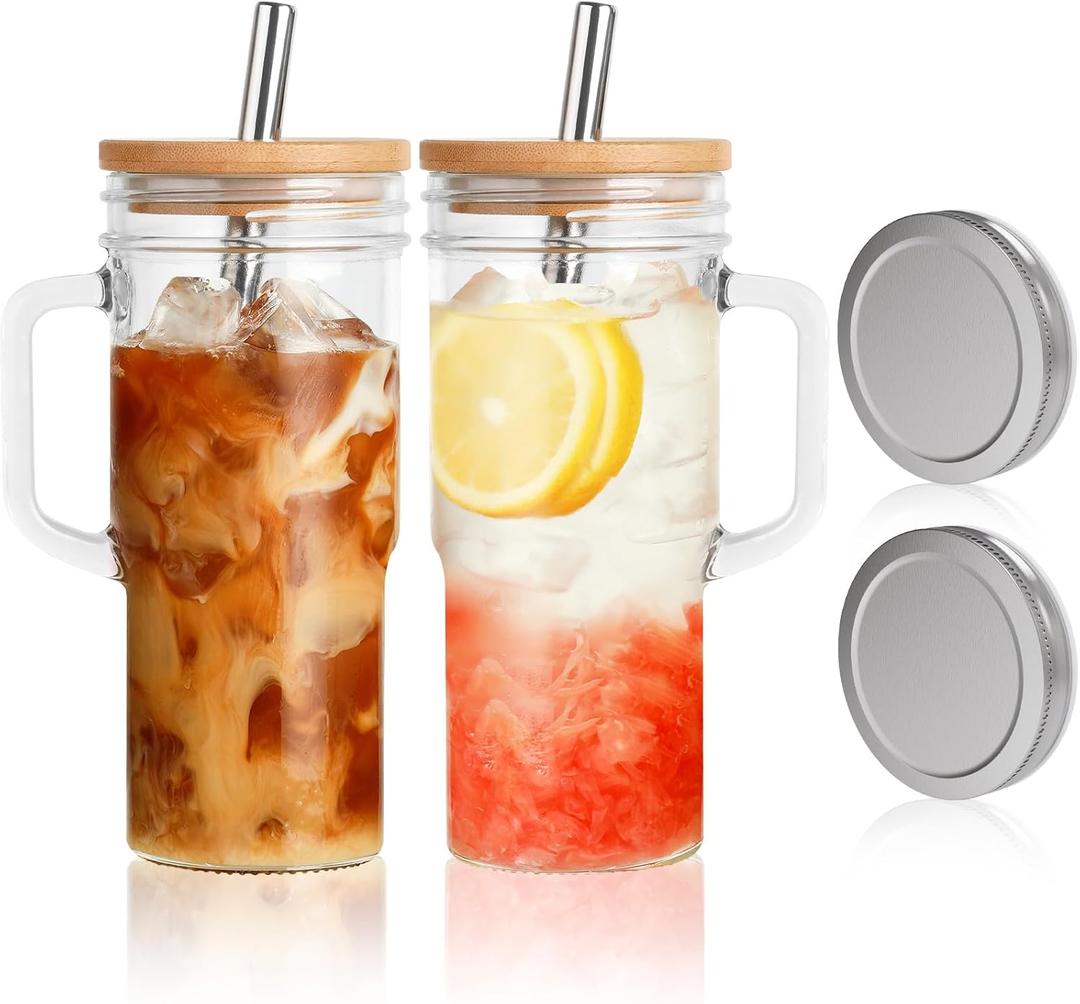 MCleanPin Glass Cups with Bamboo Lids and Straws,24oz Glass Tumbler with Handles,2Pack Mason Jar with Lids and Straw Wide Mouth, Reusable Smoothies Cups, Iced Coffee Cups, Drinking Jars Travel Mugs