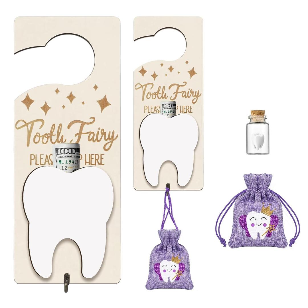 Tooth Fairy Tooth Holder, Tooth Fairy Door Hanger with Money Slot, Keepsake Bottle & Burlap Pouch for Lost Teeth, Encourage Gift for Boys Girls (Purple)