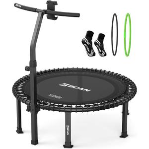BCAN BT4 40" Soft Land Pro Adult Bungee Rebounder Trampoline, 500lb Capacity, Adjustable Tension Bungees, One-Piece Frame (16 Gauge), Quiet Indoor Cardio w/ Handle, Phone Holder & 2 Pairs Socks, Black
