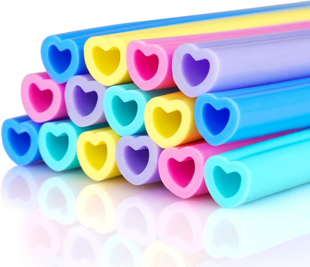 Reusable Silicone Drinking Straws 15 Pack, Heart Shaped Straws with 2pcs CLeaner Brushes for Smoothies Tumblers Cocktail MilkShake, DishWasher Safe (Multicolor)