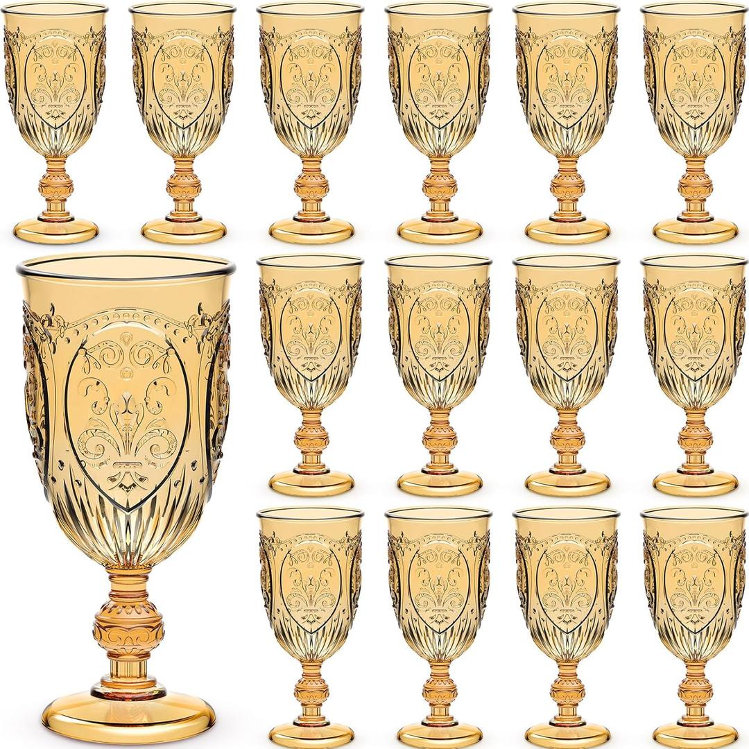 24 Pcs Plastic Goblets 7.5oz Vintage Goblet Plastic Wine Glasses Colored Retro Embossed Water Goblets for Wine Bar Juice Baby Shower Wedding Reception Grand Event Party (Amber)