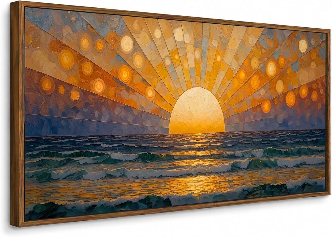 Large Abstract Sun Wall Art, Modern Sunset Ocean Canvas Painting, 24x48 In