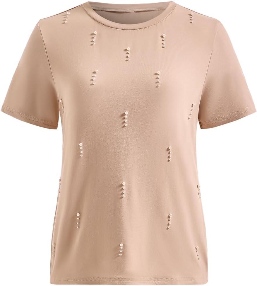 Women's Elegant Pearl Top Summer Crew Neck Short Sleeve Work Office T Shirts, Large