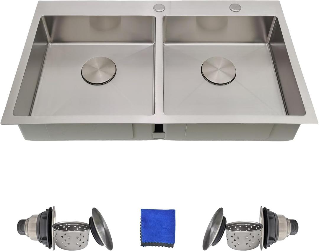 33 Inch Double Bowl Kitchen Sinks Drop In  Delironexu 16 Gauge Stainless Steel Kitchen Sink Double Bowl, 33x19 Drop In Double kitchen sink with Brushed Finish, 6 Inch Deep 50/50 Overmount Sink