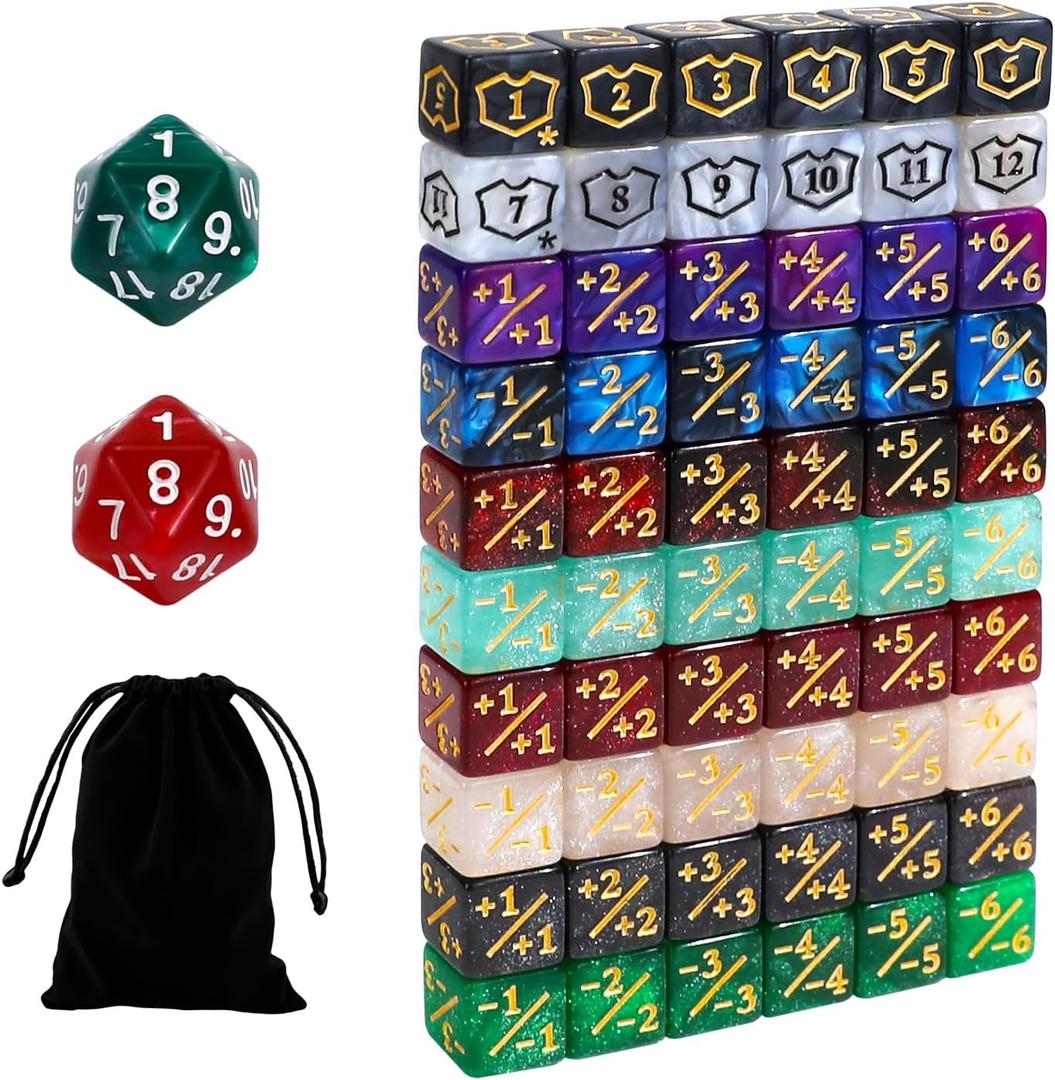 62PCS 12mm MTG Dice Set with Plus 1 Life Counter & Shield & Spindown Dice in 10 Colors for Magic The Gatering, Compatible with CCG Creature Stats TCG Magic Card Gaming Accessories