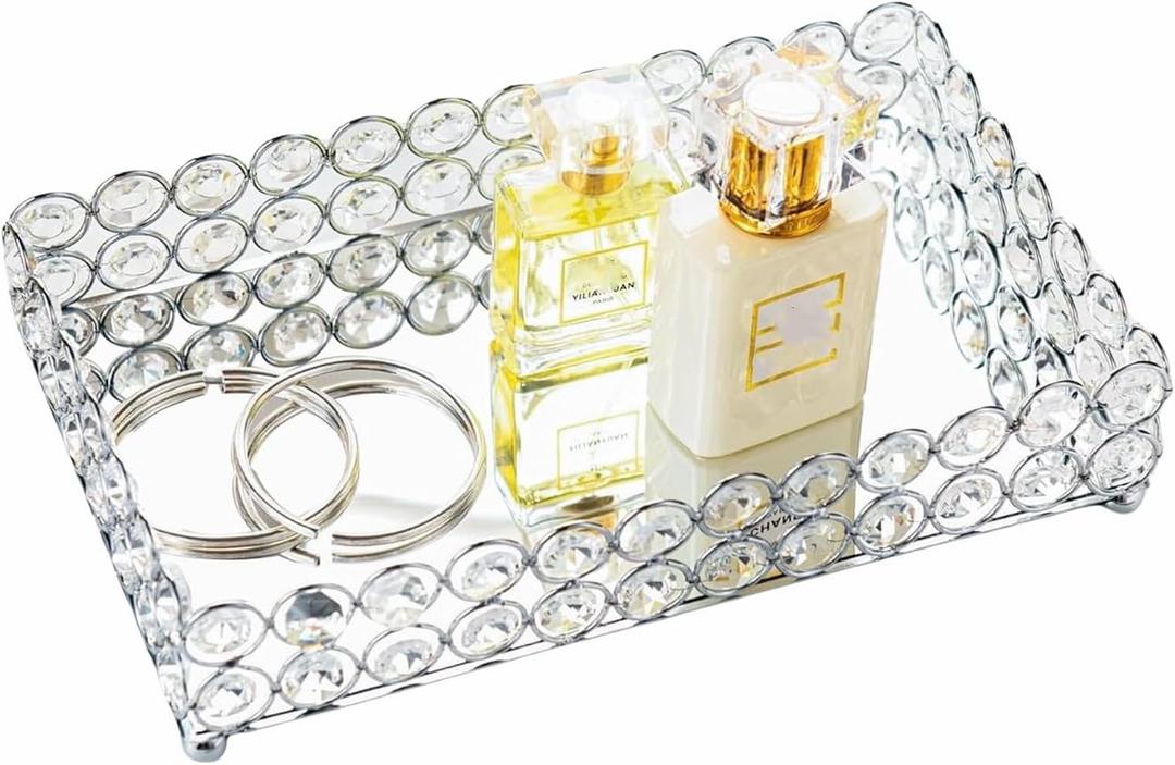 Feyarl Crystal Perfume Tray Cosmetic Makeup Vanity Tray Jewelry Trinket Rings Earrings Organizer Decorative Tray Storage for Home Deco Wedding Dresser Tabletop Girl Women Gift(10" x 6 "Silver)