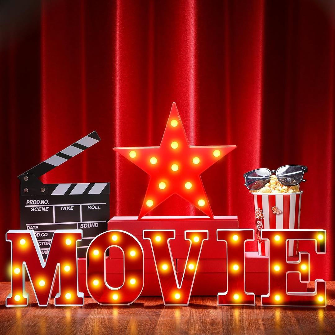 7 Pcs Large Movie Light up Letters Sign LED Movie Night Party Decorations Include Movie Letters Film Clap Board and Marquee Star Sign for Movie Night Party Table Centerpieces (6.3'' Height)