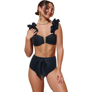 SPORLIKE Women High Waisted Swimsuit Flounce Straps Bikini Bathing Suit (Medium, Black-2)