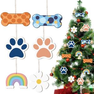Chunful 24 Pack Cartoon Orange Blue Dog Christmas Tree Ornament Wooden Puppy Dog Paw Rainbow Daisy Xmas Hanging Decorations for Christmas Cartoon Party Winter DIY Craft