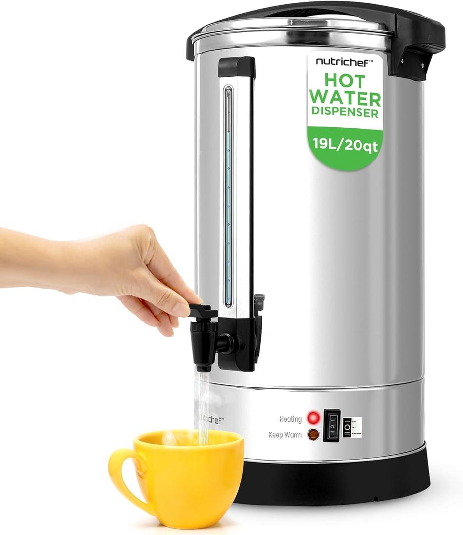 NutriChef Water Boiler and Hot Water Dispenser, 19L Electric Beverage Dispenser with Safety Lock Lid, Non-Drip Tap, Warm Function, Food Grade Stainless Steel, Home & Commercial Use, 19"x9"x9", Silver (20.1 Quarts)