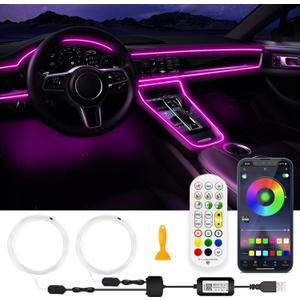 USB Car LED Lights, Interior Car Lights Strip with APP and RF Remote Control, 2 in 1 Ambient Lighting with 157 inches Fiber Optic Music Sync Simple Installation EL Wire Lights