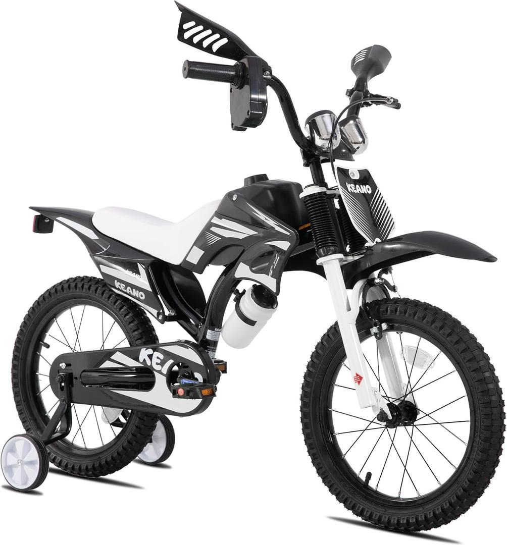 KEANO Motocross Style Kids Bike for Boys Girls Ages 3-7 Years, 12 & 16 Inch Bikes with Training Wheels and Number Plate, Children Bicycles, Black