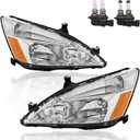 Headlights Assembly Replacement Compatible with 2003-2007 Honda Accord Halogen with Clear Lens Chrome Housing Amber Reflector Front Lamps Driver and Passenger Side (Set of 2)