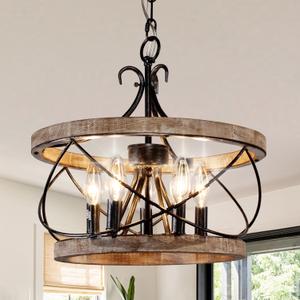 Farmhouse Wood Chandelier Light Fixture, 16 Inch Dining Room Light Fixture Over Table, 5-Light French Country Rustic Industrial Drum Chandelier for Kitchen Dining Room Entryway, wood-2