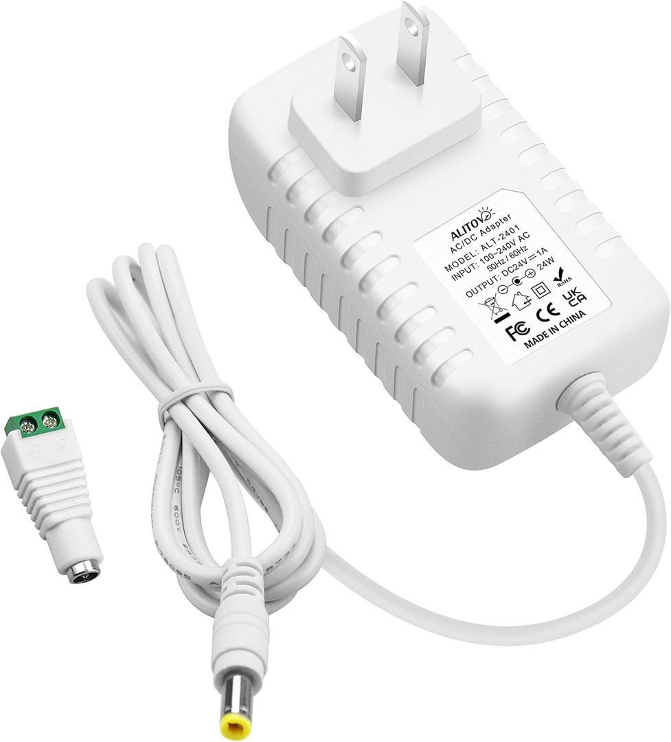 ALITOVE 24V 1A Power Supply 100~240V AC to DC 24 Volt 1 Amp 24W Converter 24 vdc 1000mA 800mA 600mA 400mA 200mA AC Adapter with 5.5mm x 2.5mm 2.1mm Plug for LED Strip Light CCTV Camera DC Pump, White