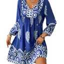 Eddoyee Women Swimwear Cover Up Bohemian Floral Bathing Suit Beachwear Mumu Dress Lounge Dress Blue