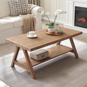Farmhouse Coffee Table,Solid Wood Center Tables with Storage Shelves & Sturdy A-Shaped Legs, Modern Rustic 2-Tier Rectangular Table for Living Room and Office, Natural