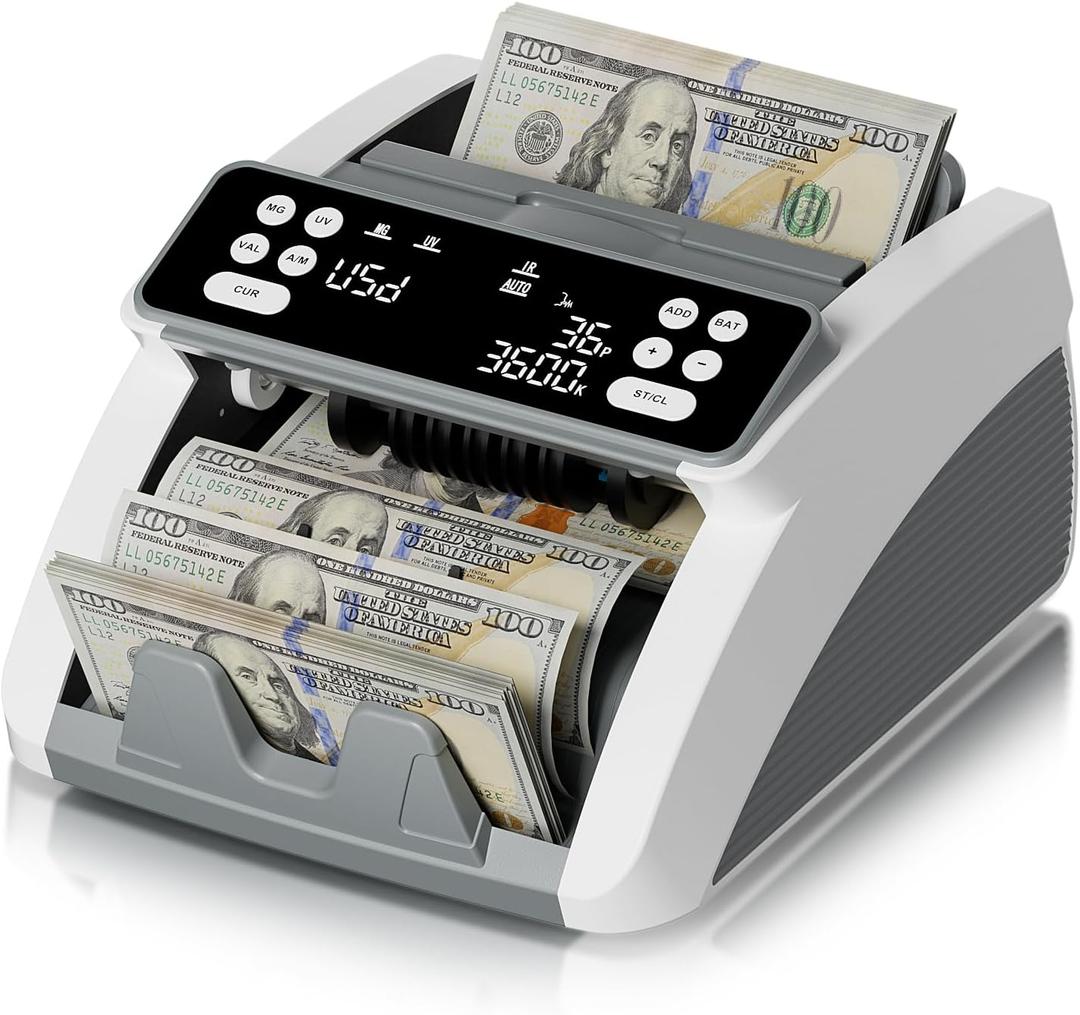Money Counter Machine with Value Count for USD and EUR, UV MG IR Counterfeit Detection, Count Add Batch Auto Modes, Cash Counter with LED Display, Compact Powerful Design,Gray