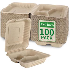 Aricsen 100 Pack 3 Compartment Compostable 8x9 Inch Takeout Lunch Box Containers with Lid To Go Take Out Clamshell for Food, Disposable Eco-Friendly Biodegradable Bagasse, PFAS-Free, Brown