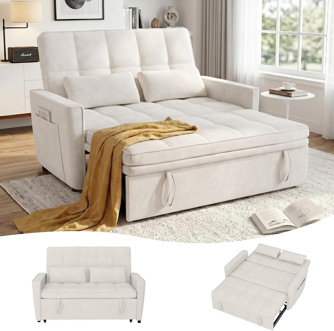 54'' Sleeper Sofa Bed, Convertible Pull Out Couch Futon for for Living Room,Apartment (Beige, Loveseat) Side Pockets, Velvet Fabric, Adjustable Backrest, Pull-Out Bed, Easy Assembly