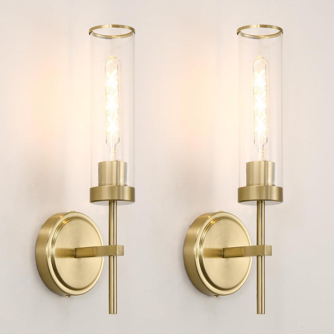 Wall Sconces Set of Two, Gold Bathroom Sconces, Modern Vanity Light Fixtures with Clear Glass, Sconces Wall Decor Set of 2, Brass Wall Mount Lights for Living Room Corridor Mirror Bedroom Stairs (Gold+Clear)
