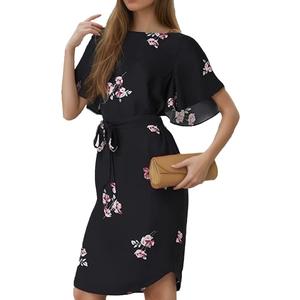 UTOKOTO Women's Summer Round Neck Mid-Length Printed Dress Classic Flared Cuff with Belt Casual Beach Mini Dress