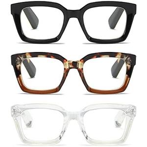 ZXYOO 3 Pack Oversize Square Design Reading Glasses for Women, Blue Light Blocking Reader
