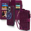 2 in 1 for iPhone 14 Pro Max Wallet Case Magnetic Compatible with Magsafe RFID Blocking Card Holder Detachable Phone Cover Zipper Purse Kickstand Wrist Strap for Men Women 6.7" 2022 Floral Burgundy