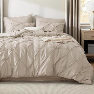Bedsure King Size Comforter Set Beige - Bed in a Bag King Size 7 Pieces, GentleSoft Pintuck Bed Set Gift for Family, Pinch Pleat Beige Comforter with Sheets, Pillowcases & Shams