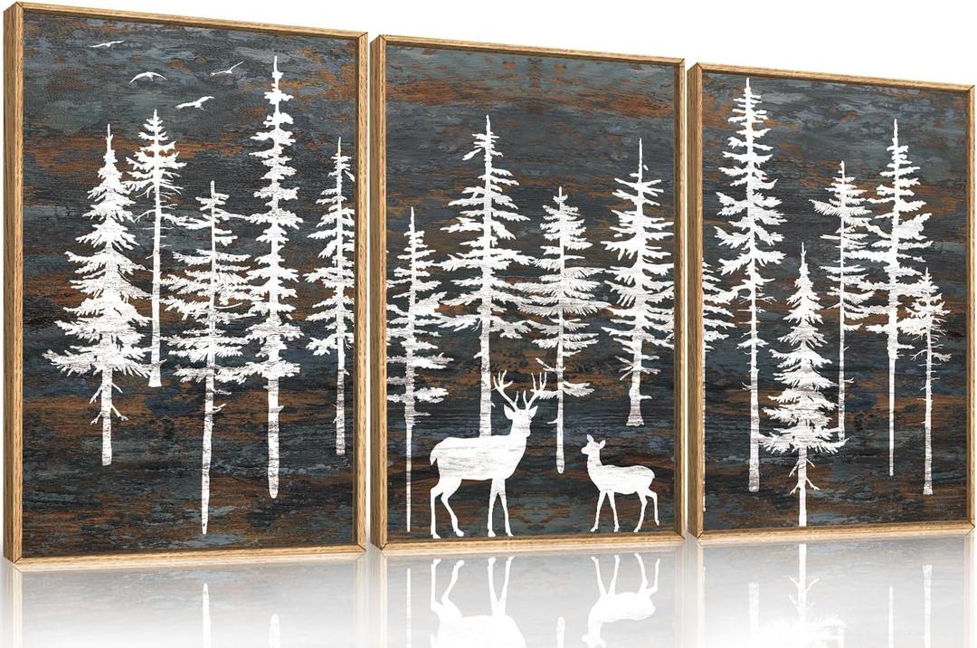 Modern White Forest Framed Canvas Wall Art Set, Minimalist Woodland Art Painting, Retro Tree Landscape Wall Decor, Wildland Deer Artwork for Living Room, Dining Room, Office-16 x24 x3