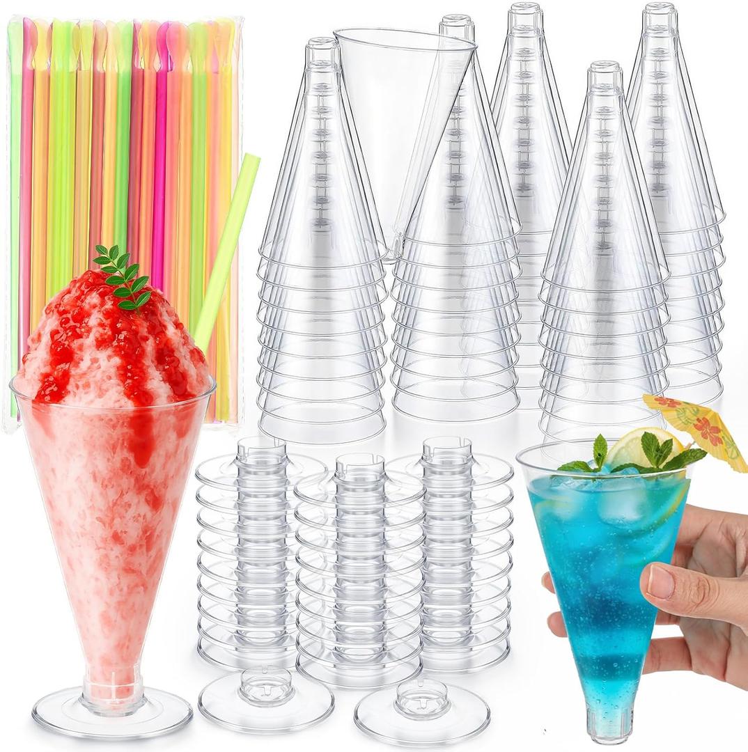 Roshtia 100 Pcs Plastic Snow Cone Cups with Stand and Straws Set Include 6 oz Clear Reusable Leakproof Shaved Ice Cups and Spoons Straws Party Supplies for Cocktail Dessert Appetizer Wedding Birthday