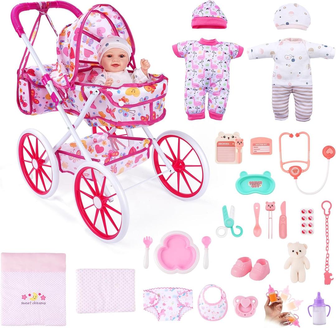 JIZHI Baby Doll Stroller Set, 27-Piece Foldable Doll Stroller with Baby Doll Accessories for Pretend Play, Feeding & Care Playset Gift for Girls 3+, Fits 12-Inch Dolls