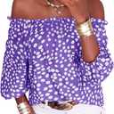 Teurkia Womens Summer Off Shoulder Blouse Floral Print 3/4 Sleeve Casual Chiffon Tops Shirts (Large, Purple)