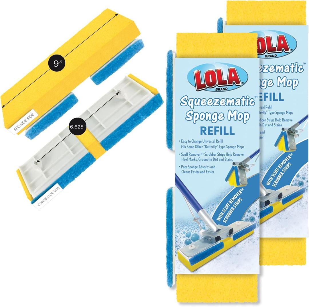 Lola Products Squeeze Matic Butterfly Sponge Mop Refill, 9", Replacement Head, Floor Cleaning, Comparable w/Quickie Type S Sponge Mop Refill, 2 Pack
