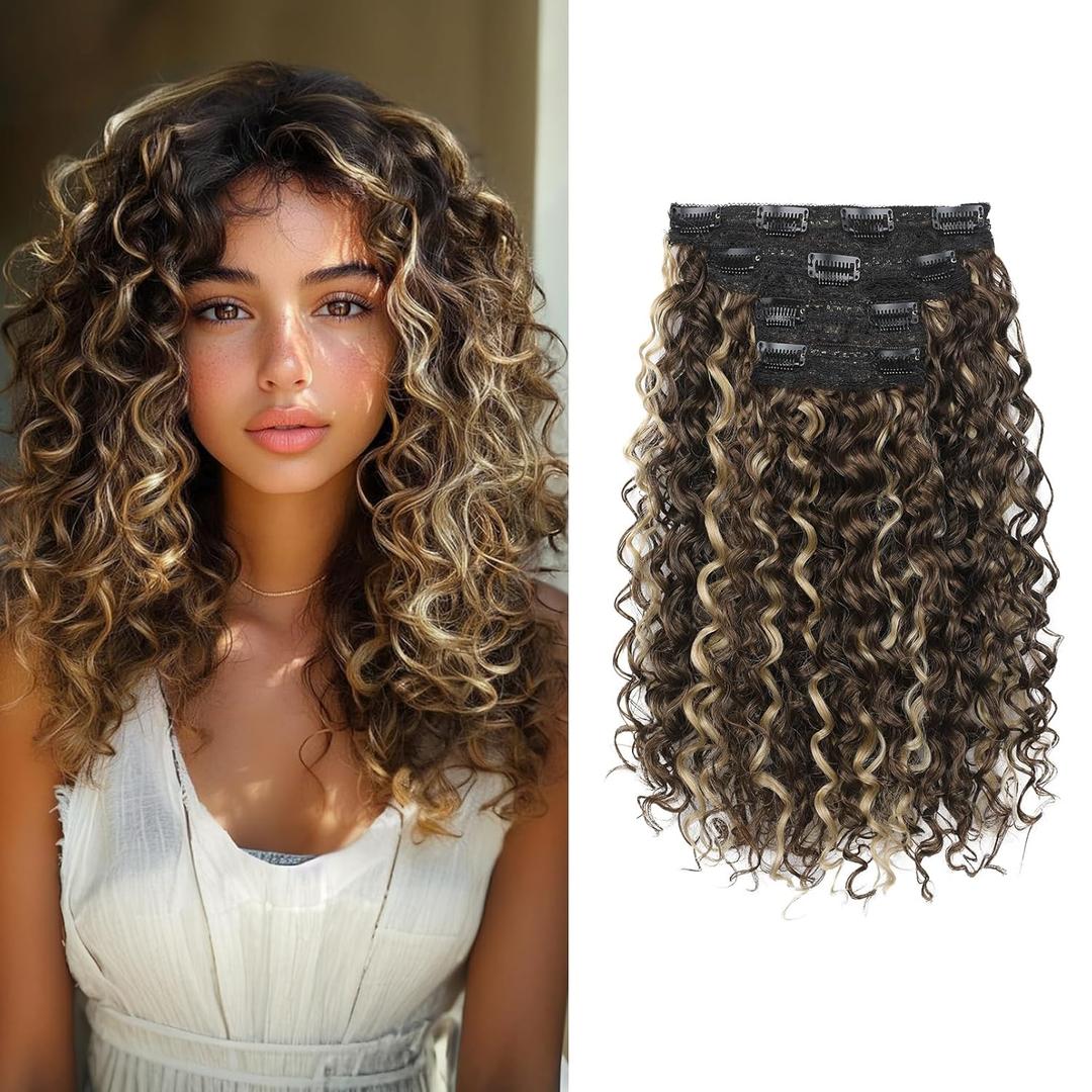 Flufymooz 4PC Clip in Hair Extensions, 14 Inch 100 Pure Protein Silk Short Hairpiece Deep Curly Wavy Hair Extensions Clip in Natural Soft Hairpiece for Women-Medium Brown Ash Blonde Highlight