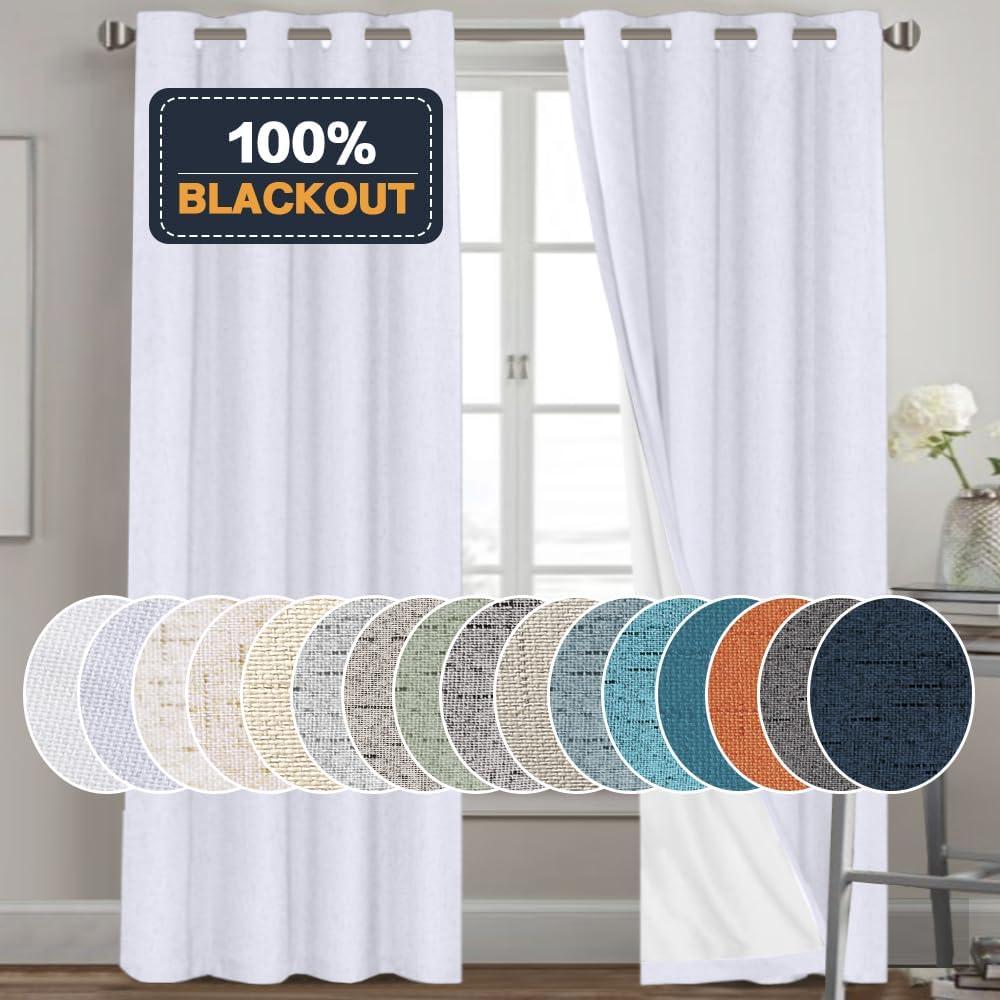 PrinceDeco Linen Texture Curtains for Bedroom Solid 100% Blackout Thermal Insulated with White Liner Room Darkening Curtains/Draperies for Living Room Nursery, Pearl White, 2 Pieces, W52 x L84