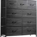 WLIVE 9-Drawer Dresser, Fabric Storage Tower for Bedroom, Entryway, Closet, Tall Chest Organizer Unit with Fabric Bins, Steel Frame, Wood Top, Easy Pull Handle, Charcoal Black Wood Grain Print