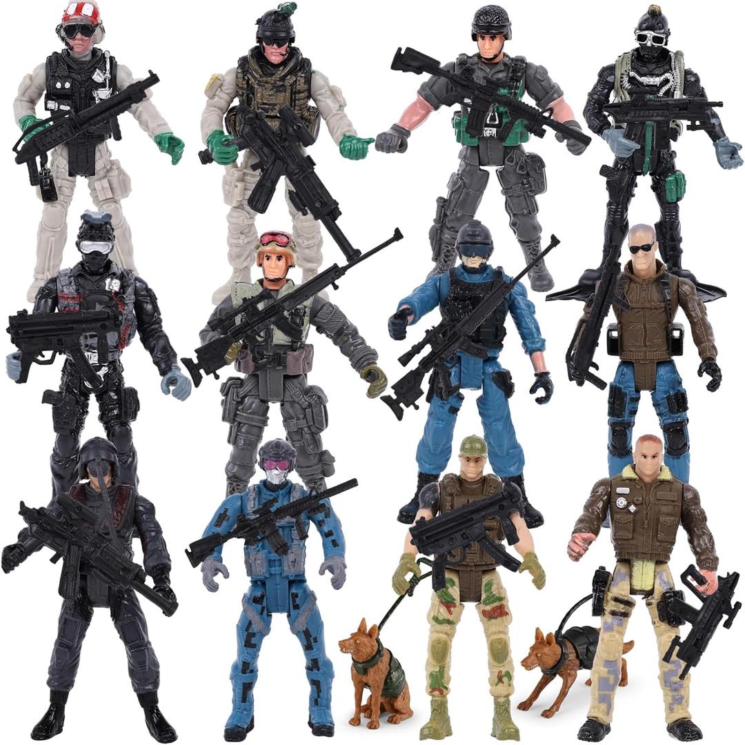 3 otters 12PCS Army Men Toy Soldiers Action Figures, with Military Weapons Accessories Army Dogs, Stocking Stuffers for Kids, Birthday Gifts
