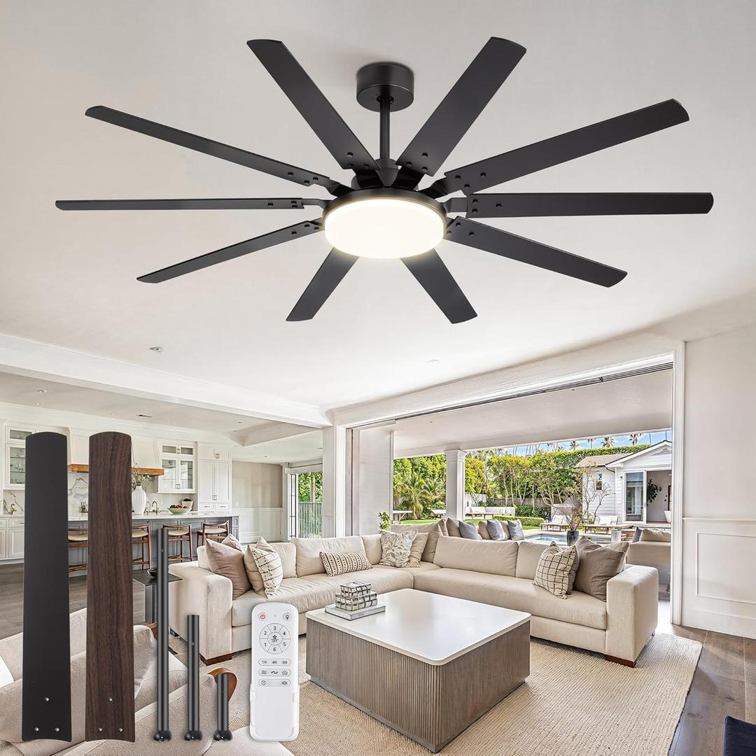 Fanbulous 65 inch Large Ceiling Fans with Lights and Remote, Outdoor Black Ceiling Fan with 10 Blades, 32W LED light 3 CCT, 6 Speed Reversible Quiet DC Motor, Modern Ceiling Fan for Living Room Patio