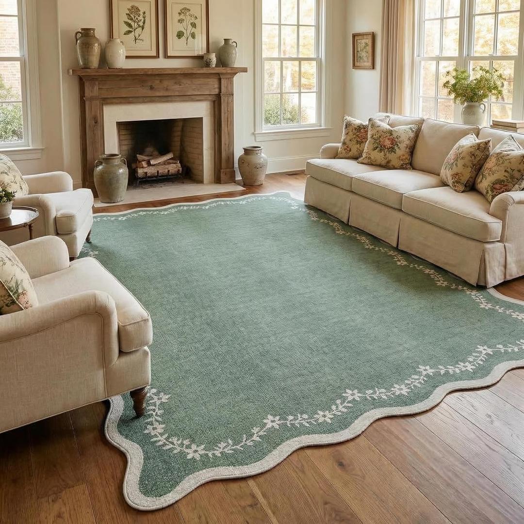 GarveeHome 5x7 Scalloped Area Rug Sage Green Washable Rugs for Living Room Bedroom, Soft Low Pile Non Slip Accent Floor Mat Solid Floral Print Throw Rug Indoor Carpet for Dorm Playroom
