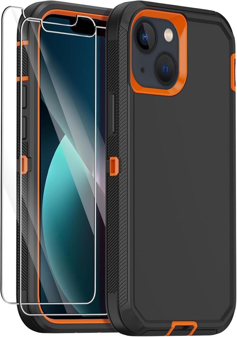 Annymall for iPhone 13 Case with 2 Screen Protector,Shockproof Drop Protection Full Body Heavy Duty 3 Layer Military Rugged Durable Phone Cover for Apple iPhone 13 6.1" (Black Orange)