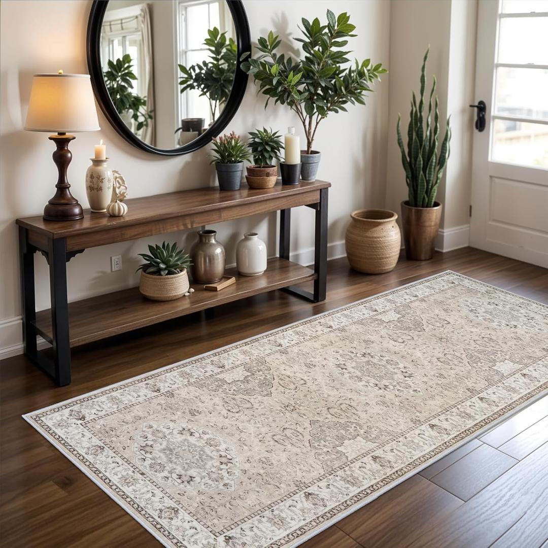 Washable Entryway 3x7 Runner Rug: Farmhouse Kitchen Hallway Rug Runner Wide Soft Water Resistant Floor Mat for Bathroom Nursery Non Slip Indoor Carpet for Living Room Bedroom Dining Room(3x7,Beige)