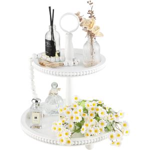 Beaded Tiered Tray Stand, Rustic Wooden 2 Tier Decorative Tray with Bead Garland, Farmhouse Round Wood Serving Tray Counter Centerpiece for Coffee Bar Home Decor Holiday Housewarming Gifts (White)